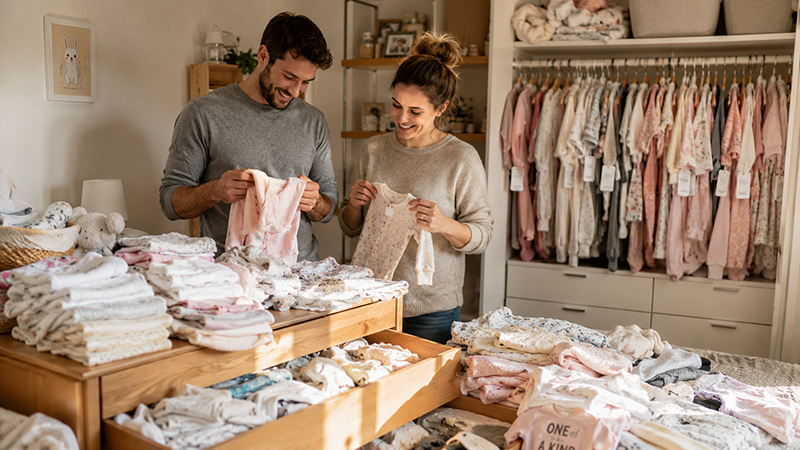 Parents organizing an overflowing collection of newborn clothes and baby outfits.
