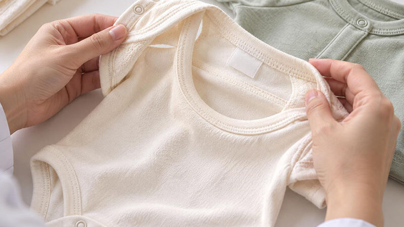 Close-up of a cream newborn bodysuit showing inside seams, neckline binding and label placement