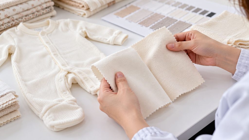 Baby clothing manufacturer comparing soft cotton fabric samples during development