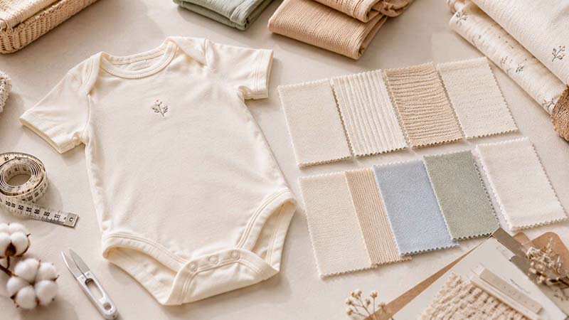 Soft cotton fabrics and newborn clothing samples for baby gift set development