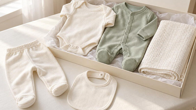 Newborn clothing gift set with cream and sage garments displayed in an open ivory box