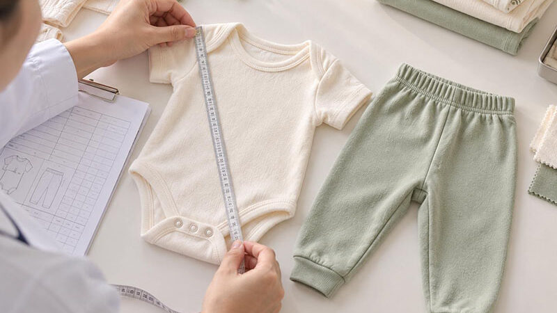 Technician measuring a cream newborn bodysuit beside matching sage trousers
