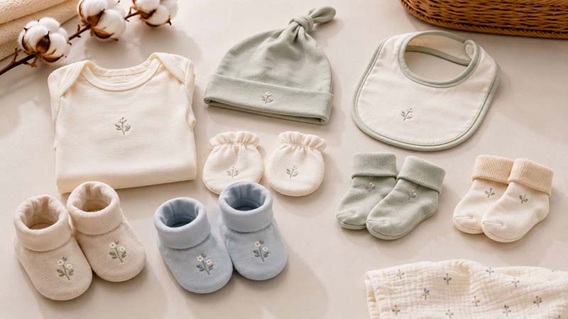 Coordinated newborn gift set accessories including bib, hat, mittens, socks and booties
