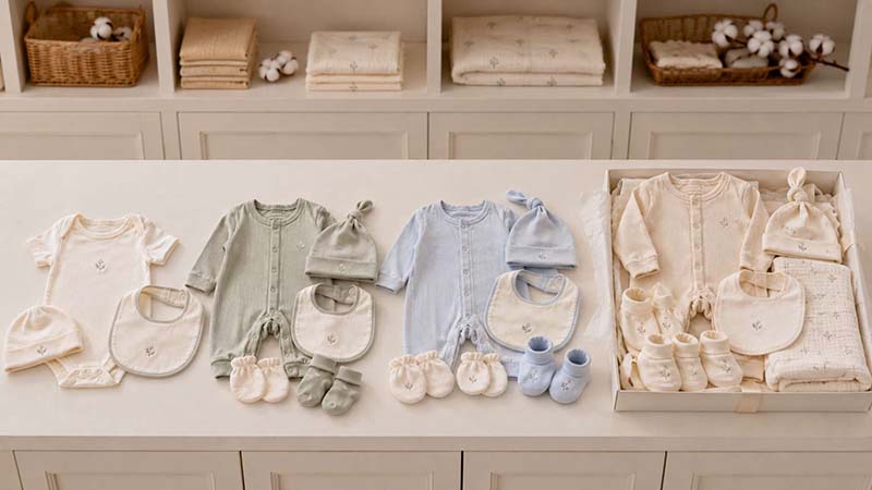 Different newborn gift set combinations from basic three-piece sets to premium sets