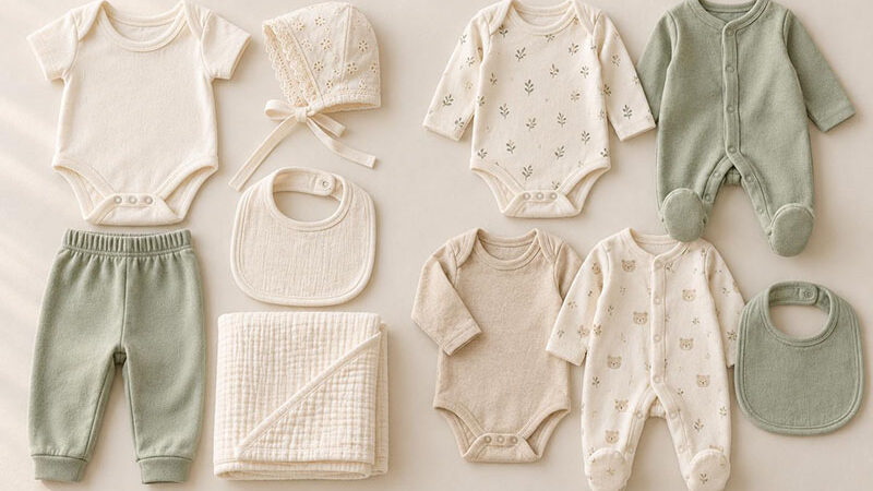 Two five-piece newborn gift sets with different combinations of clothing and accessories