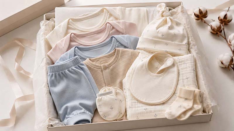 Newborn gift set with bodysuit, romper, bib, hat, socks and swaddle blanket