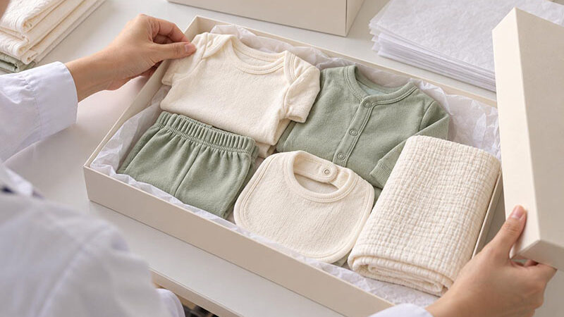 Product specialist arranging newborn clothing inside an ivory gift box before checking the lid fit