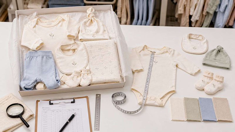 Quality inspection of wholesale newborn gift sets for fabric, stitching, sizing and color consistency