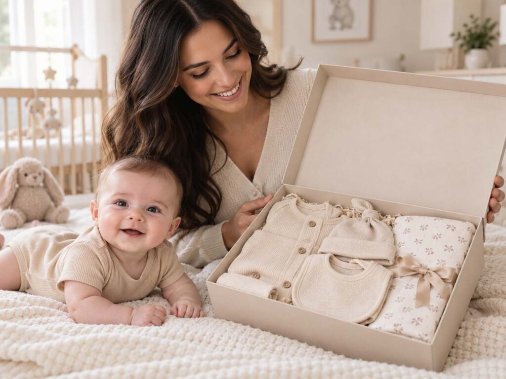 Mother and baby with a coordinated newborn clothing gift set