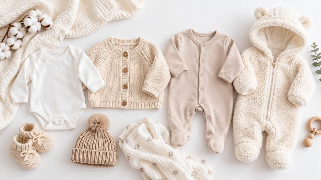 Newborn winter clothing layers including a cotton bodysuit and knitted cardigan