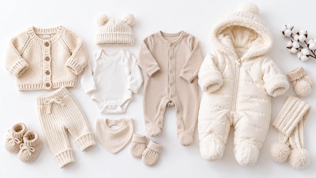 Newborn winter outfits featuring knitted baby clothing and warm outerwear