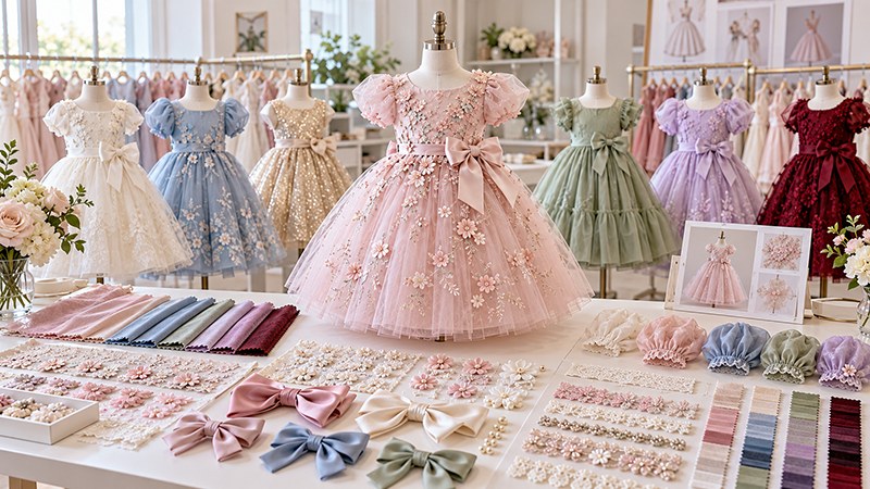 ODM children’s clothing customization with existing dress styles, fabrics and trims