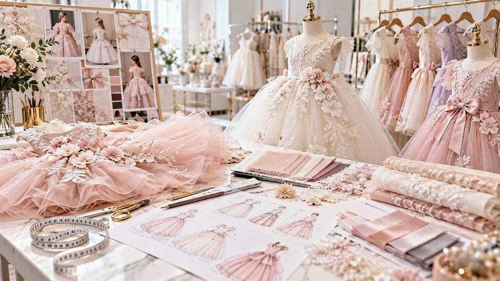 OEM and ODM children's clothing development with garment samples, fabric swatches, and product specifications.
