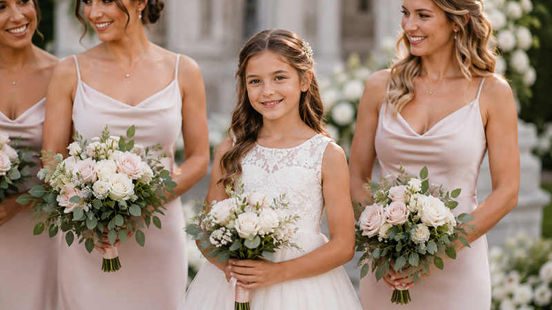 Older flower girl standing confidently beside bridesmaids during a wedding