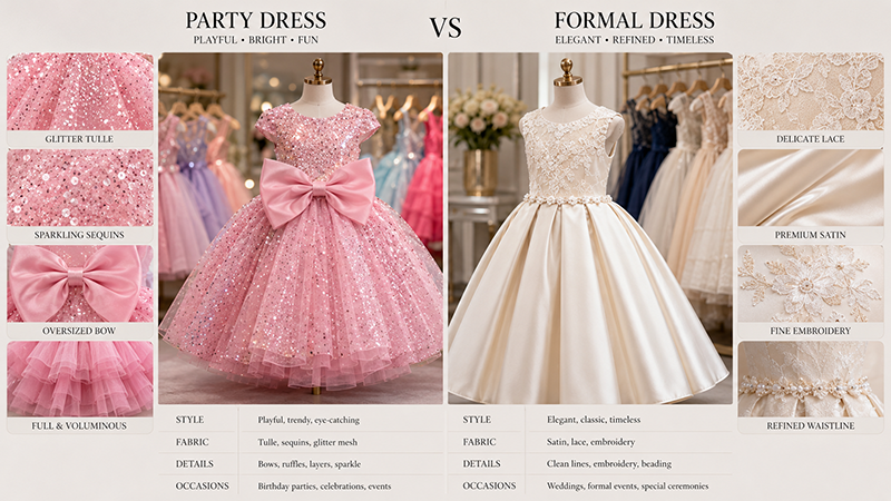 Comparison of party dress and formal dress details, fabrics and silhouettes.
