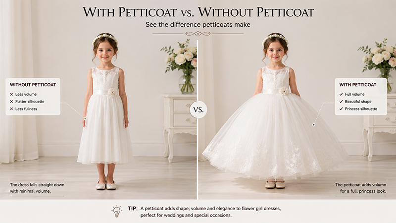 Comparison of flower girl dress with and without petticoat
