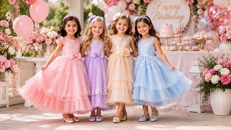 Popular birthday dress colors for girls including pink lavender champagne and blue