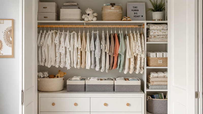 Minimalist baby wardrobe with bodysuits, sleepers, and everyday clothing essentials.