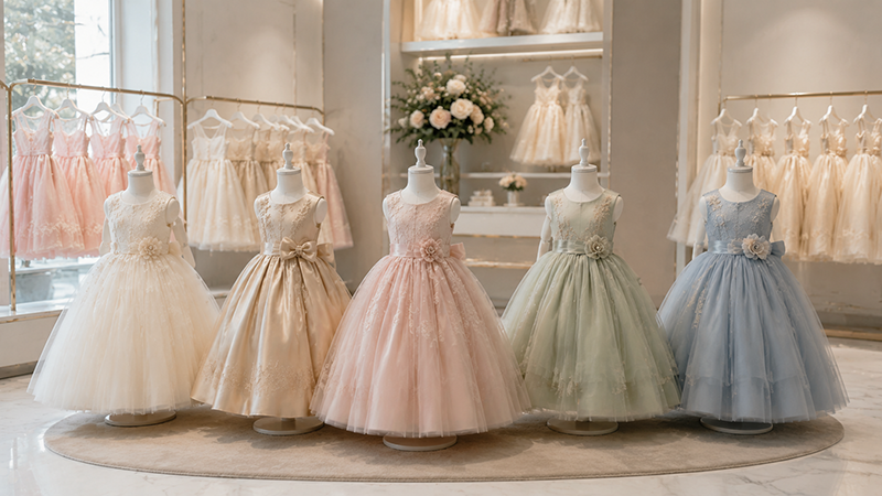 Premium girls dress collection with elegant wedding color palette