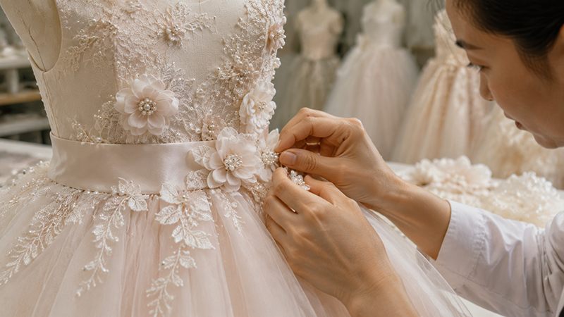 Close-up of premium girls dress fabric embroidery and handmade details