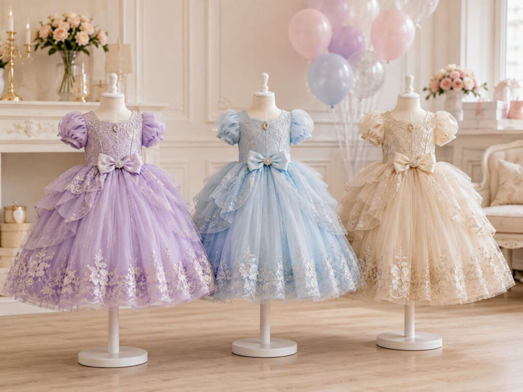 Princess and themed party dresses for girls displayed as a wholesale kidswear collection