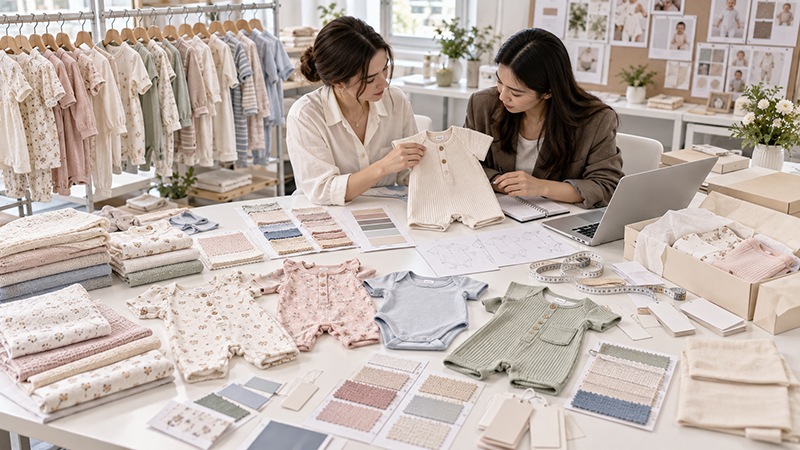 Private label babywear development with custom rompers, bodysuits, fabrics and packaging