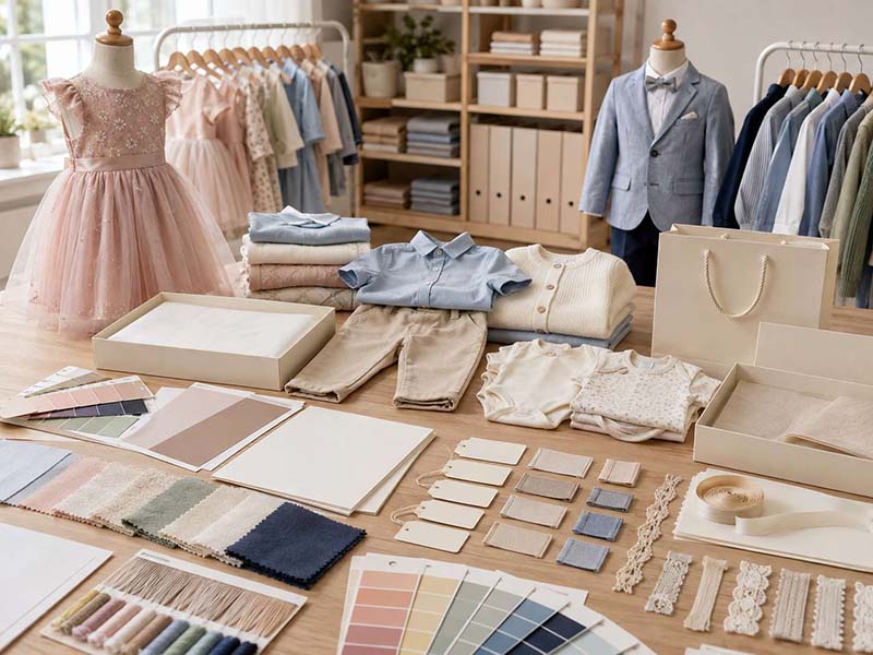 Private label kidswear development with garment samples, labels and packaging