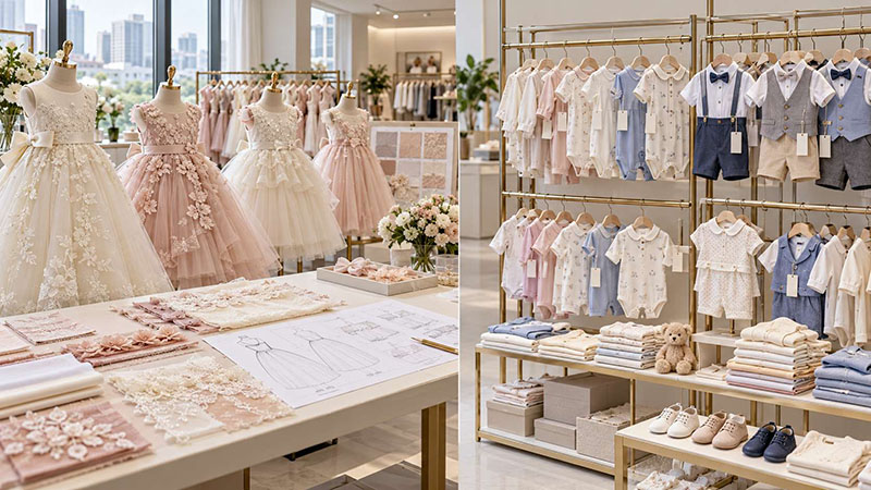 Private label vs white label kidswear displayed in a wholesale showroom