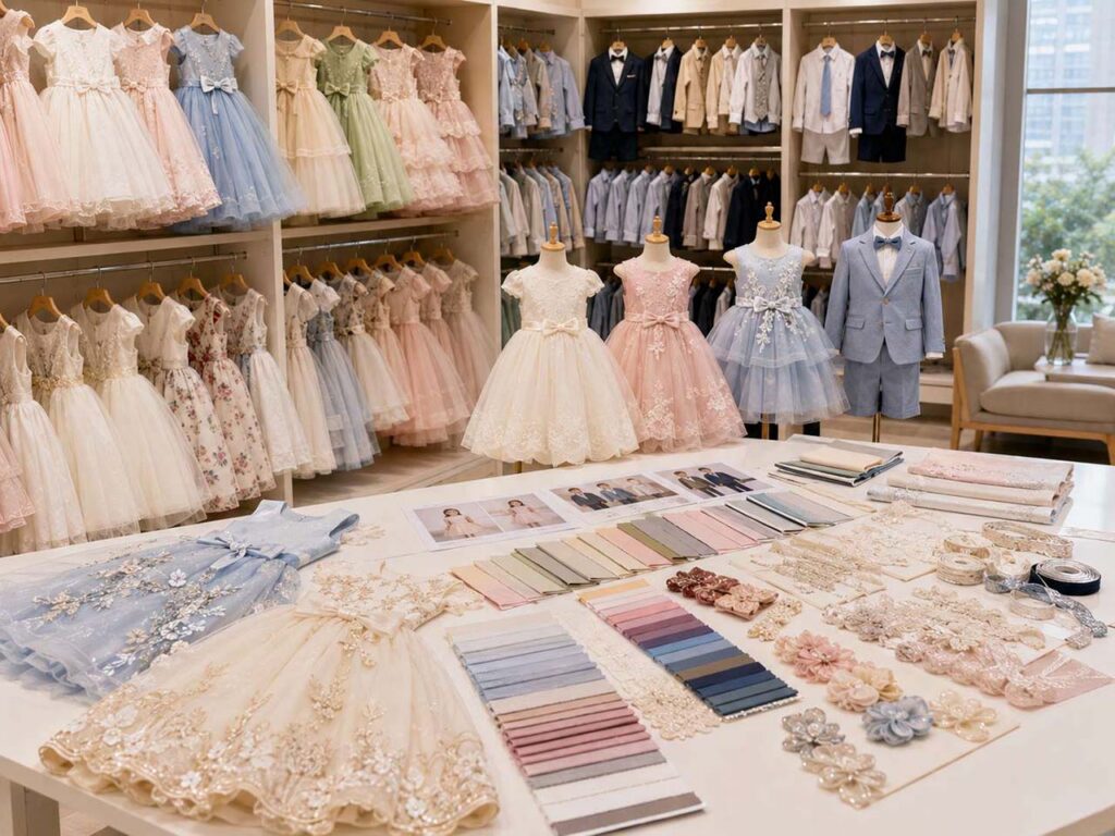 Ready stock and custom kidswear development with garments, fabrics, colors and trim samples