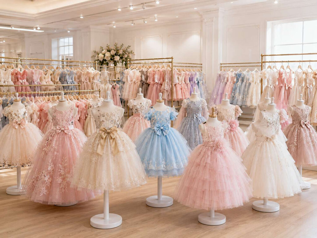 Ready-stock girls' party dresses and new styles displayed for wholesale selection