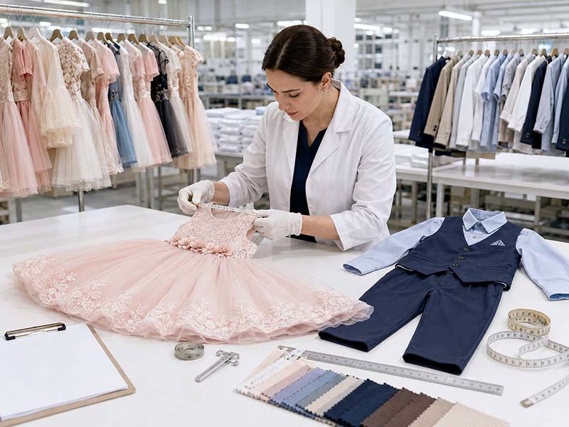 Inspector checking measurements and stitching on finished children’s clothing