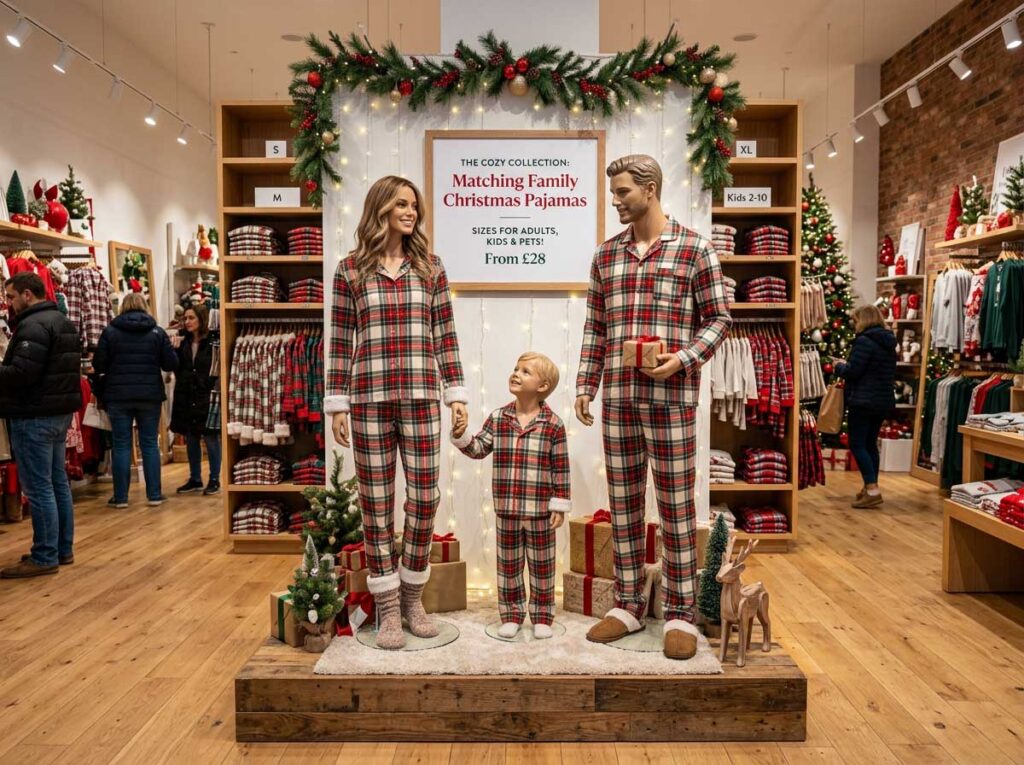retail display of christmas family matching pajamas in store