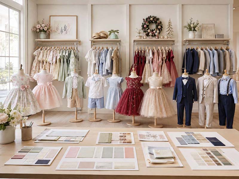 Seasonal kidswear collection planning with dresses, casualwear and formal outfits
