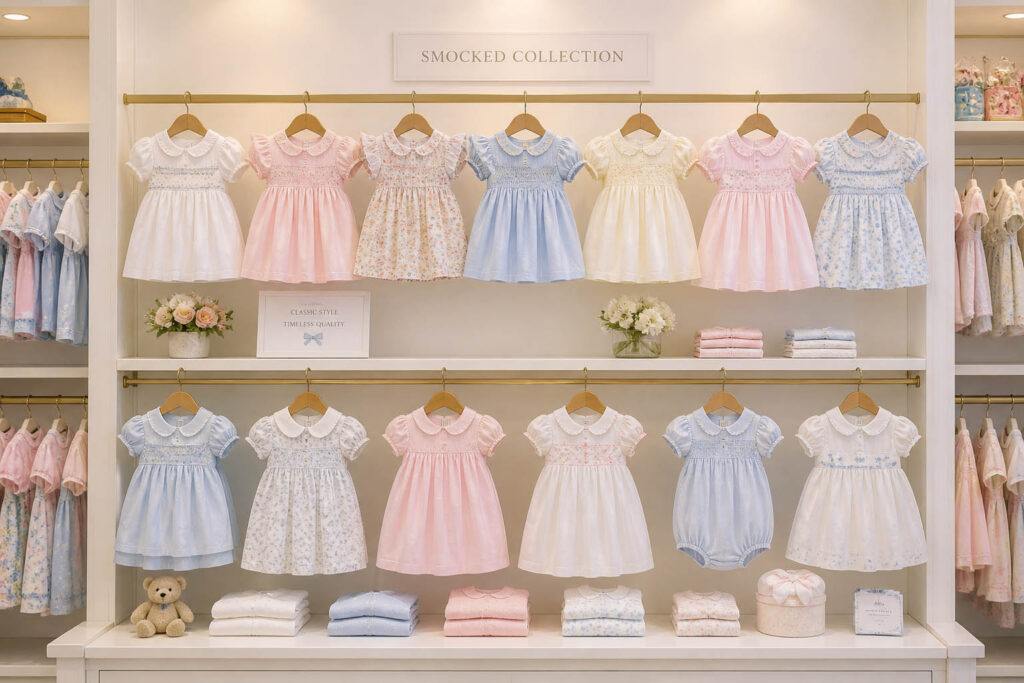 smocked baby clothes collection display