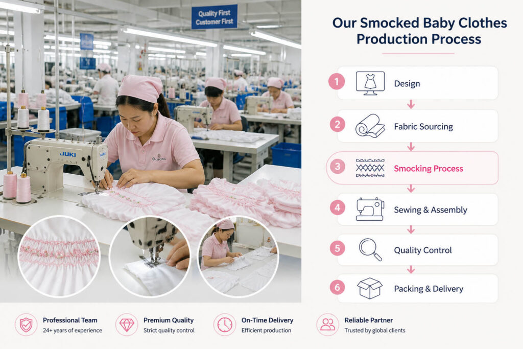 smocked baby clothes factory production process with workflow