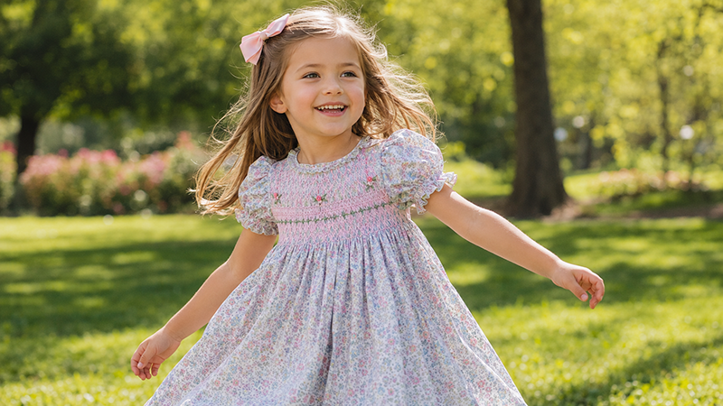 Girl wearing a comfortable smocked dress with flexible fit