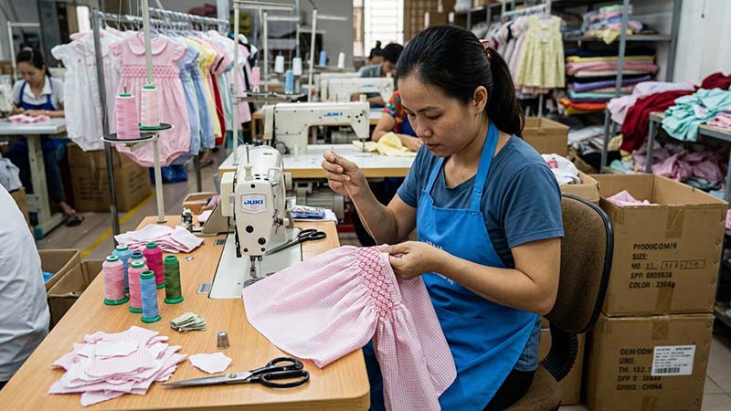 Smocked dress production process showing detailed craftsmanship