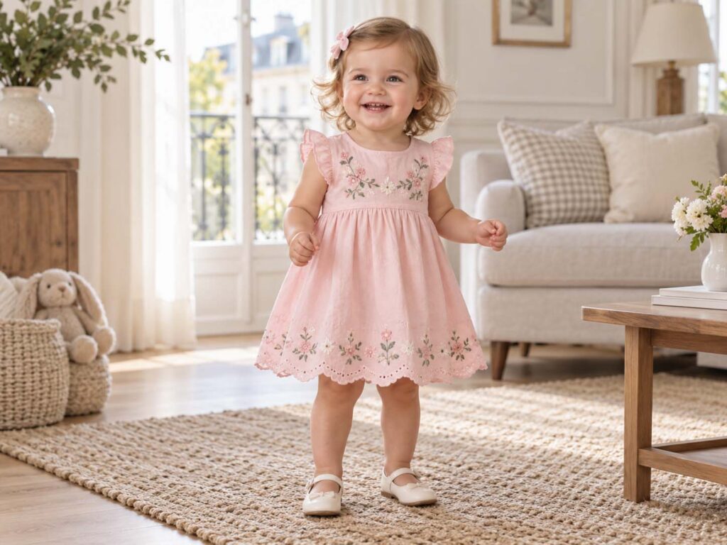 Baby girl wearing a pink embroidered dress in a bright living room
