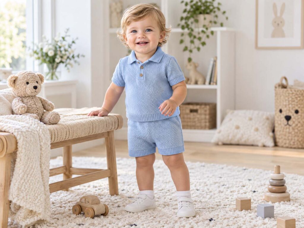 Toddler wearing a blue short-sleeve knitted top and shorts set