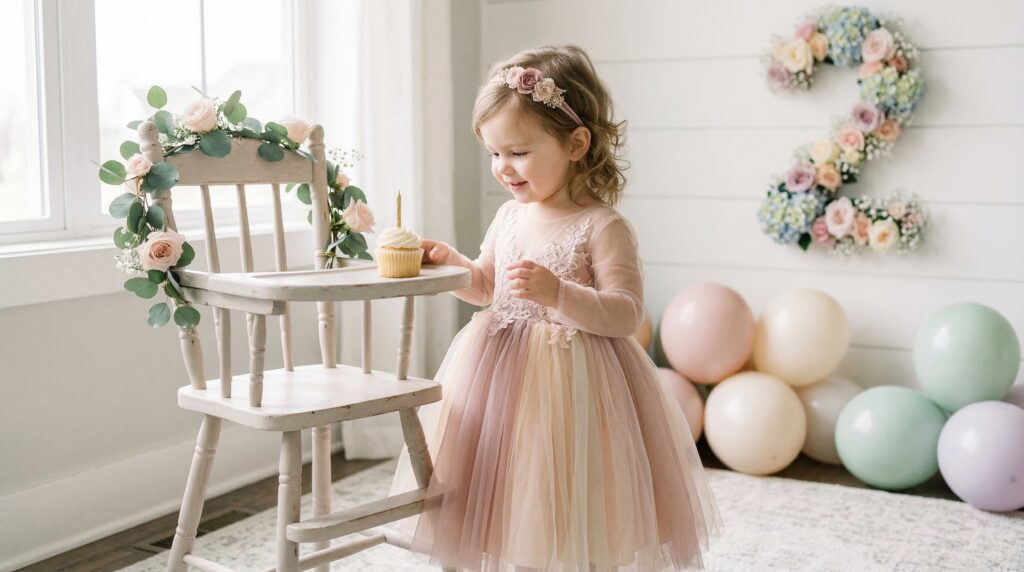 toddler girl wearing birthday dress 2T size