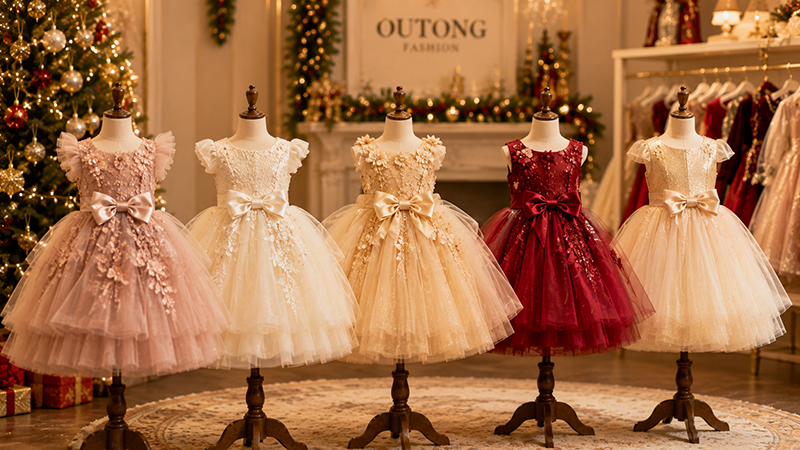Layered tulle Christmas dresses for girls with princess-inspired designs.