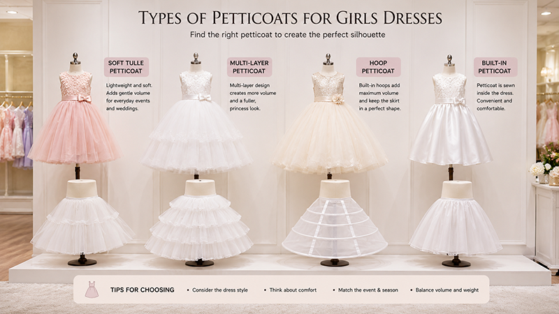 Different types of petticoats used in girls formal dresses