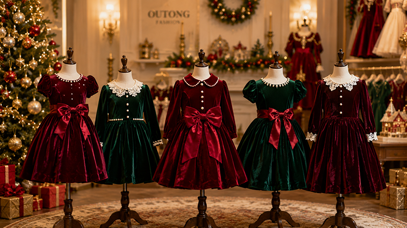 Close-up comparison of velvet and tulle fabrics for girls Christmas dresses.