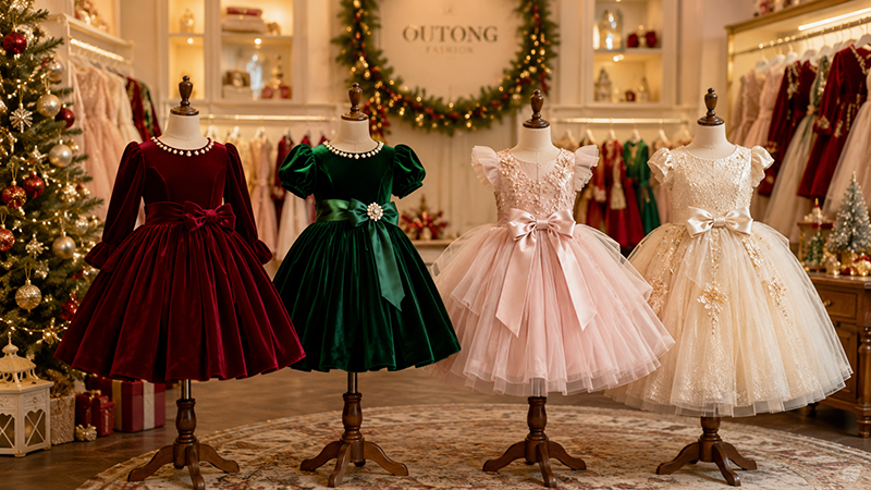 Velvet vs tulle Christmas dresses displayed in a children's fashion showroom.