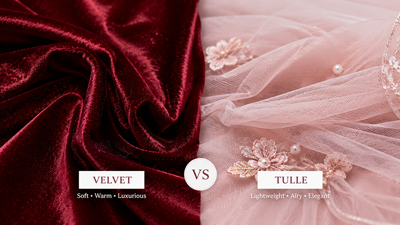 Close-up comparison of velvet and tulle fabrics for girls Christmas dresses.
