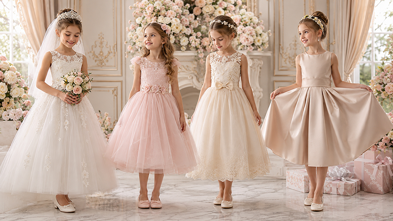 Girls wearing versatile flower girl dresses suitable for weddings, birthdays, family photos and holiday celebrations.
