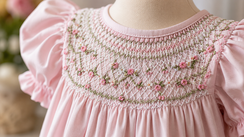 Close-up detail of smocking embroidery on a girls dress