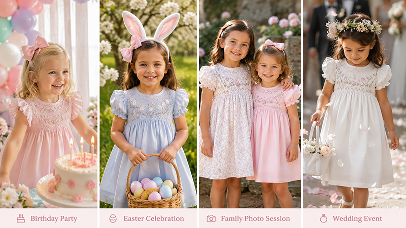 Children wearing smocked dresses for different special occasions