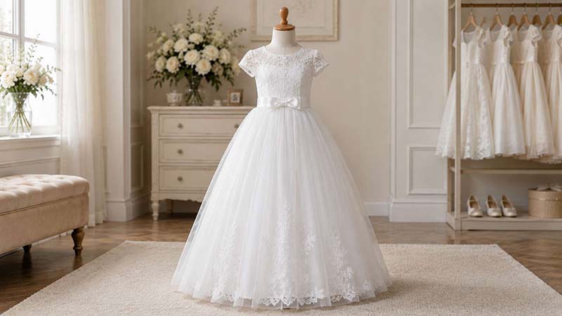 White First Communion dress with lace bodice, satin waistband and layered tulle skirt