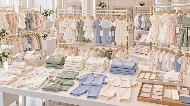 White label baby clothing collection with blank garment labels